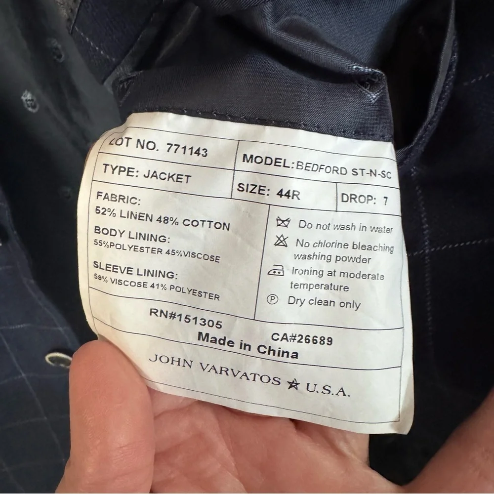 John Varvatos Bedford jacket blazer navy blue linen blend 2 button closure